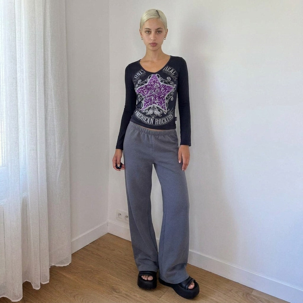 Vintage Italian Rhinestone Graphic Top Y2K Rocker Slinky Tee (S)