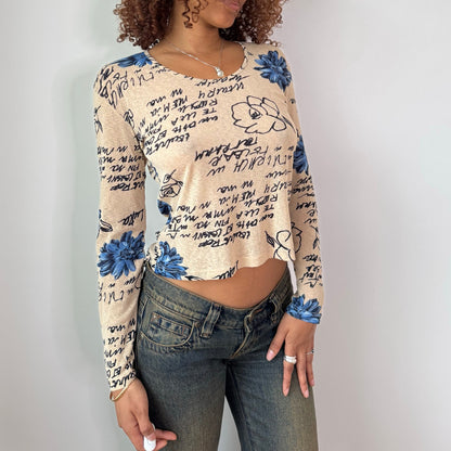 Vintage Italian Beige Blue Floral Script Mesh Top Y2K (S)