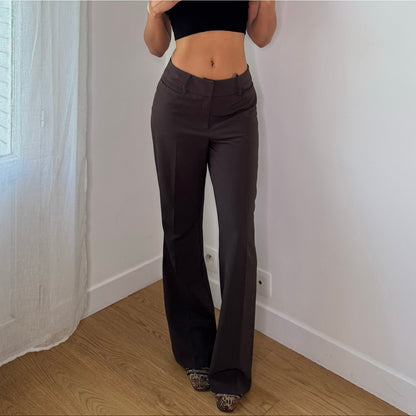Vintage French Brown Bootcut Trousers Low Rise Y2K Pants (S)