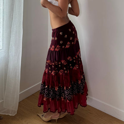 Vintage Burgundy Embroidered Tiered Maxi Skirt Italian Y2K (S/M)