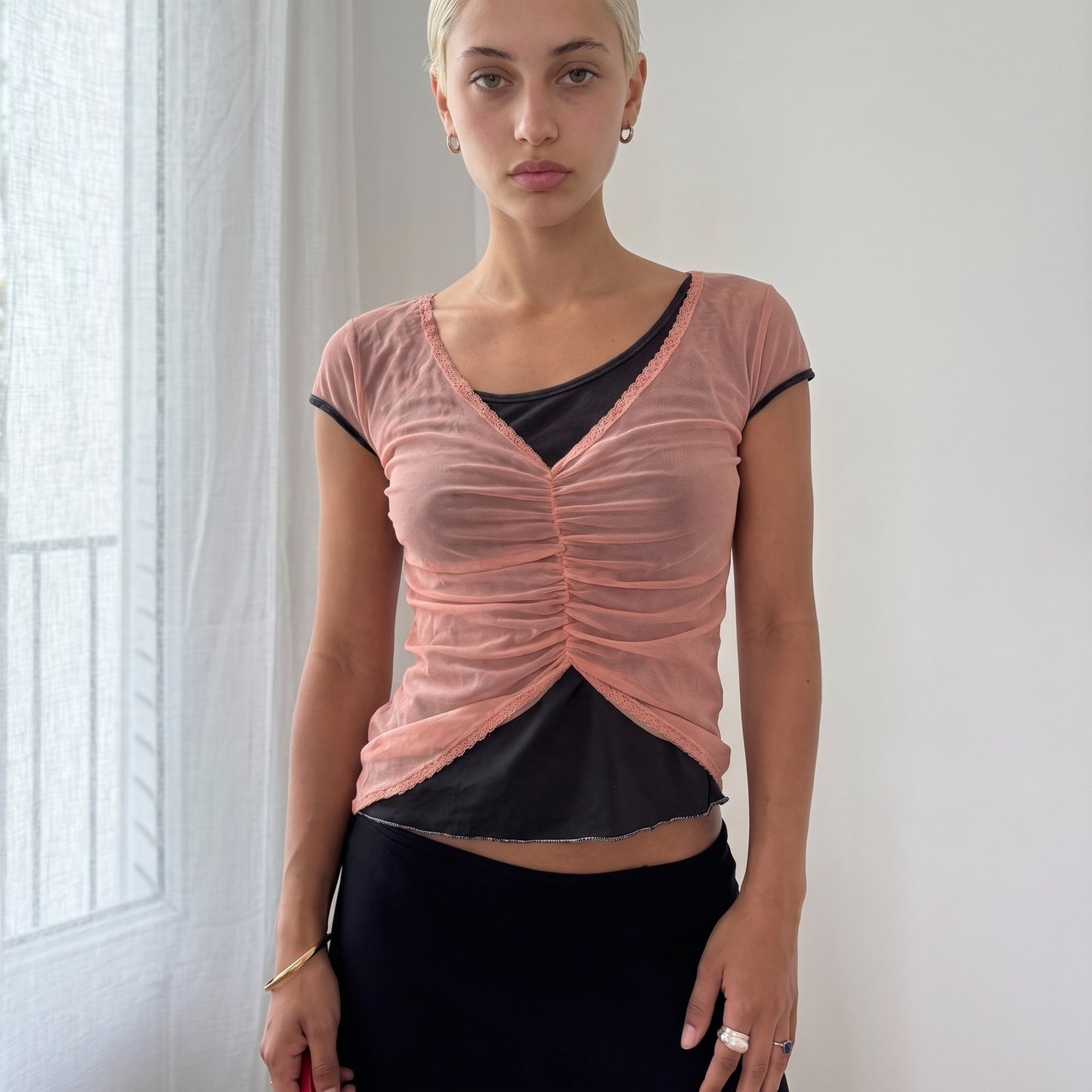 Vintage Layered Pink Mesh Ruched Top Sheer Italian Y2K (S)