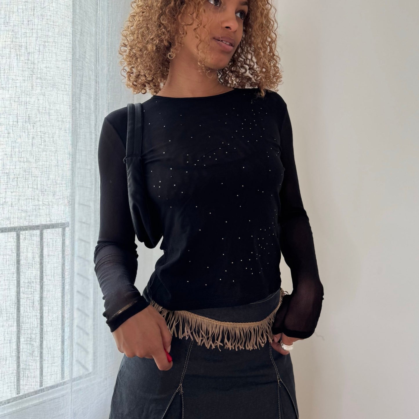 Vintage Benetton Black Mesh Rhinestone Top Sheer Long Sleeve Italian Y2K (S)