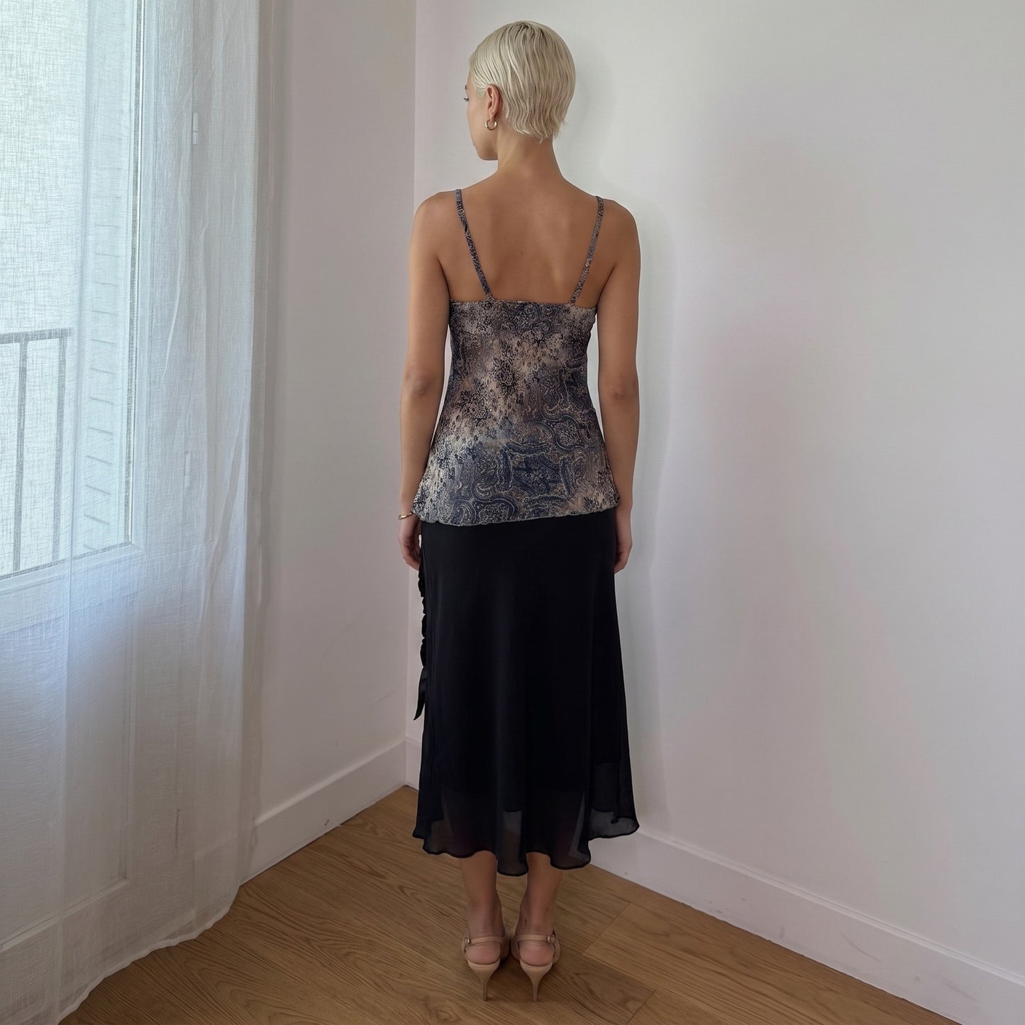 Vintage Blue Beige Paisley Mesh Cami Top Floral Handkerchief Hem Y2K (S)