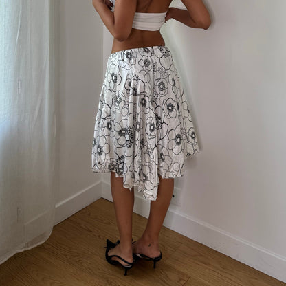 Vintage White Black Floral Asymmetrical Midi Skirt Italian Y2K (XS/S)