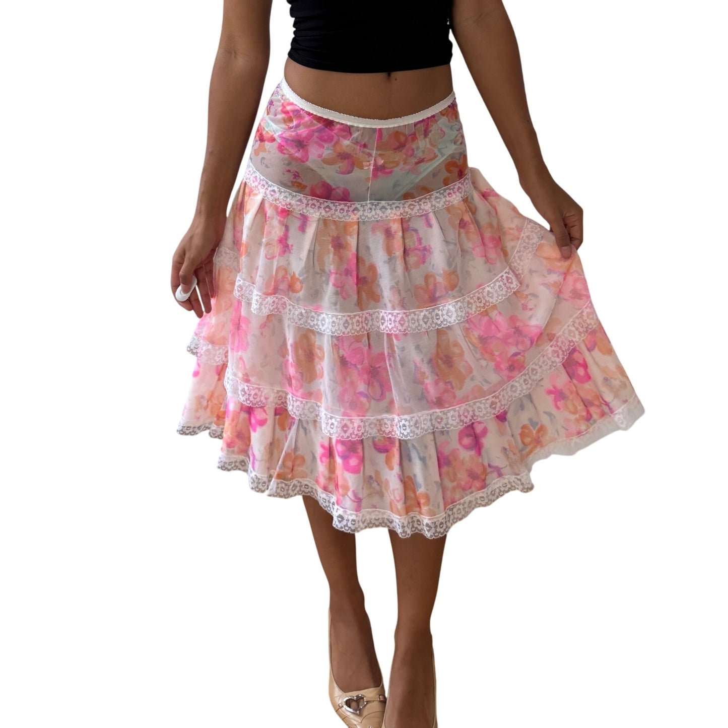 Vintage Euro floral mesh tiered lace-trim semi-sheer midi skirt (XS/S)