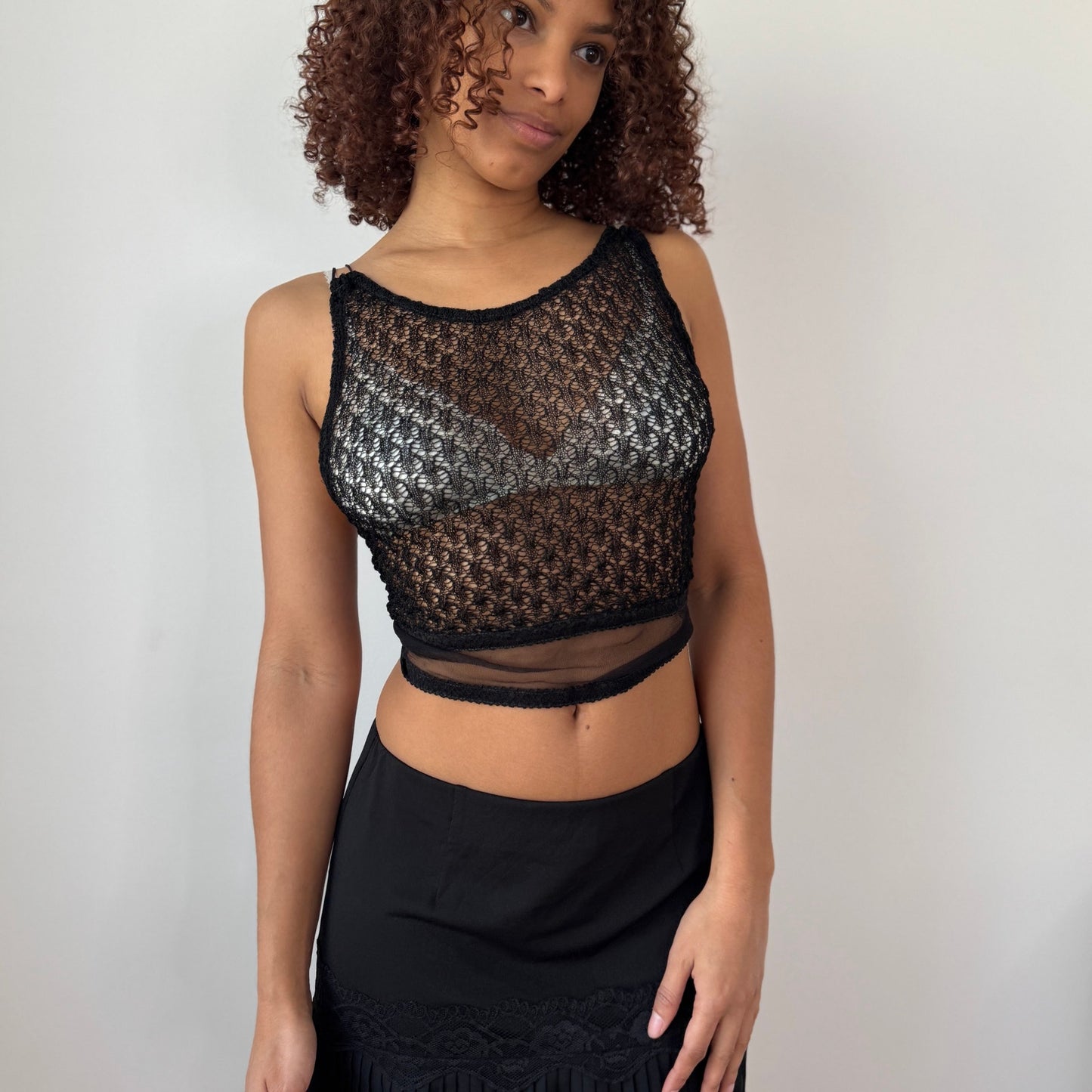 Vintage Love Sex Money Black Lace Tie Back Top Sheer Mesh (S)