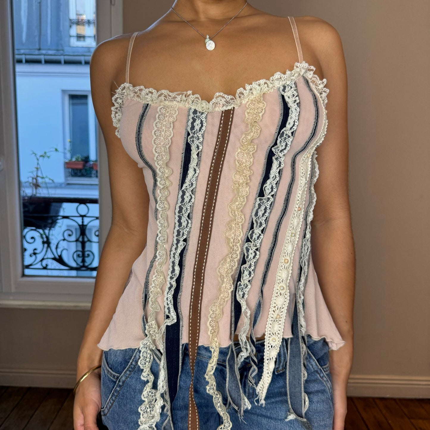 Vintage 90s pink mesh detailed romantic camisole (XS/S)