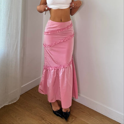 Vintage Baby Pink Satin Ruffle Mermaid Maxi Skirt Euro Y2K (XS/S)