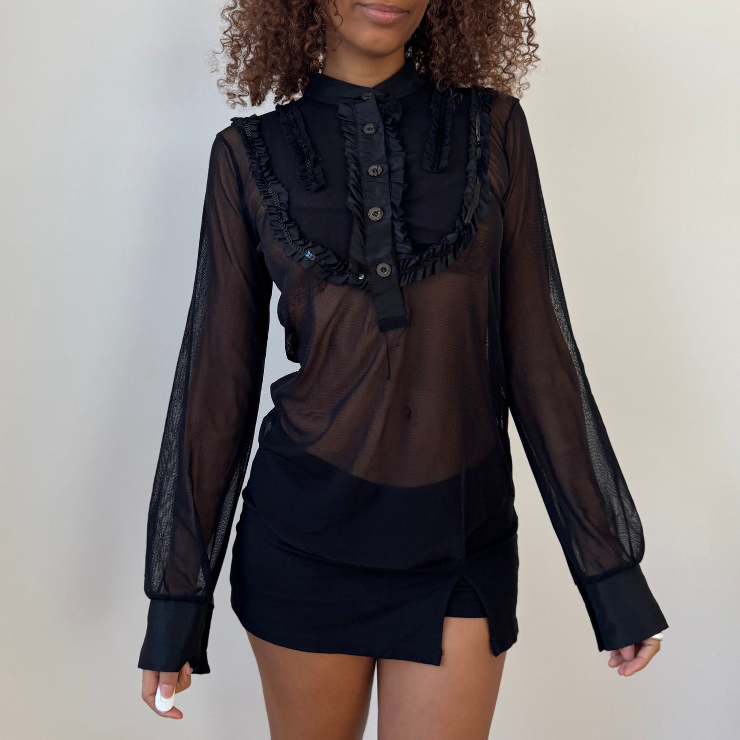 Vintage Italian sheer mesh ruffle blouse with black sequins (M/L)