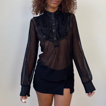 Vintage Italian sheer mesh ruffle blouse with black sequins (M/L)