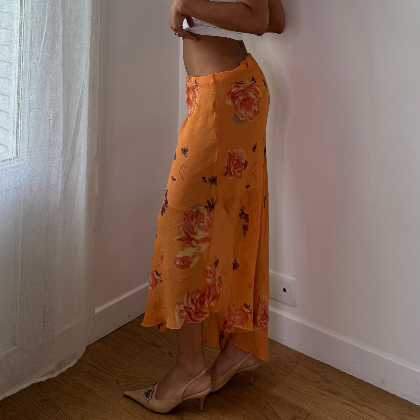 Vintage Orange Floral Mesh Maxi Skirt Sheer Double Layer Italian Y2K (S)