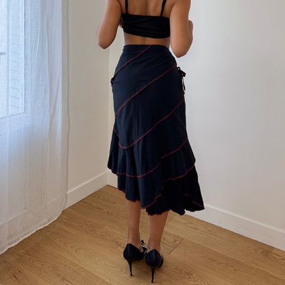Vintage French Black Midi Skirt Red Contrast Stitch Asymmetrical Hem (XS)