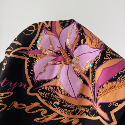 Vintage Black Graphic Sequin Tank Top Floral Deep V Neck Italian Y2K (S/M)