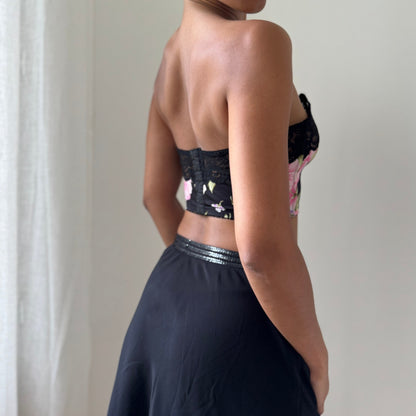 Vintage 90s Italian Black Floral Bustier Crop Top with Lace Trim (S, C cup)