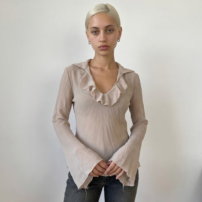 Vintage Beige Sheer Mesh Ruffle Top Bell Sleeve Italy Long Sleeve (M) ⠀