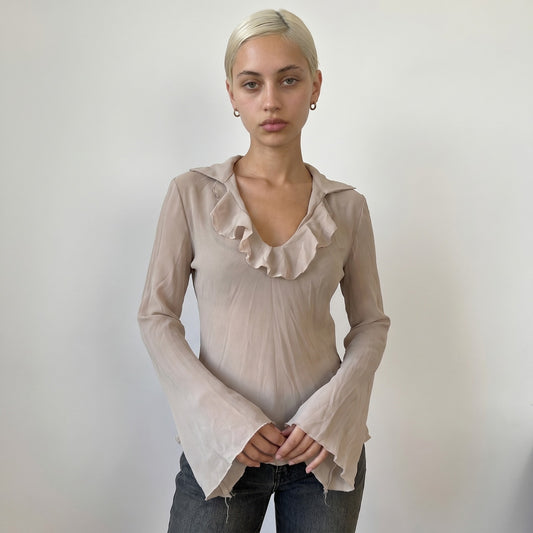 Vintage Beige Sheer Mesh Ruffle Top Bell Sleeve Italy Long Sleeve (M) ⠀