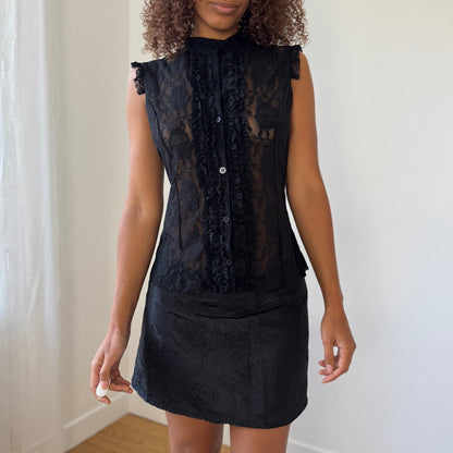 Vintage Italian sheer black lace ruffle button-up top (S/M)