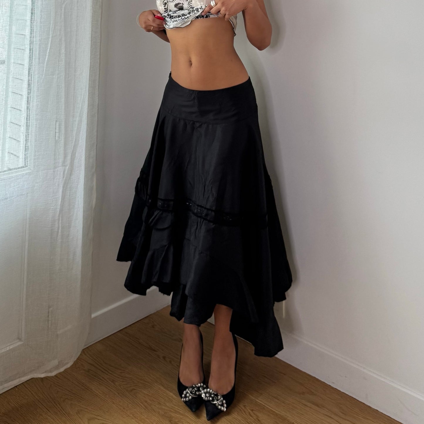 Vintage Black Tiered Midi Skirt Beaded Velvet Trim Italian Y2K (S)