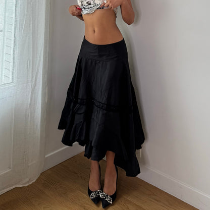 Vintage Black Tiered Midi Skirt Beaded Velvet Trim Italian Y2K (S)