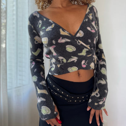 Italian Vintage Charcoal Grey Cocktail Print Wool Wrap Cardigan with Rhinestones & Lace