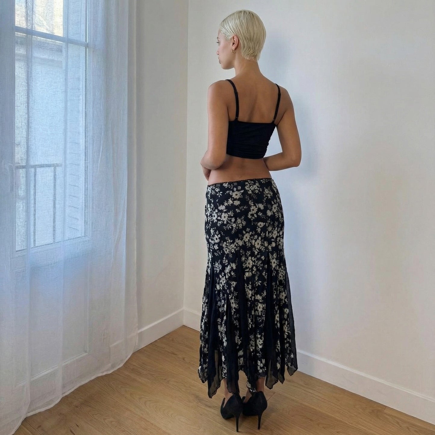 Italian Vintage Black Floral Mesh Midi Skirt Sheer Ruffle Hem (S)