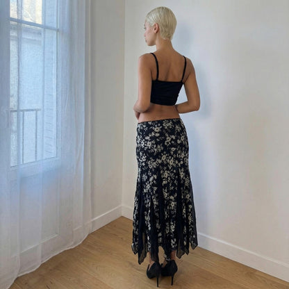 Italian Vintage Black Floral Mesh Midi Skirt Sheer Ruffle Hem (S)