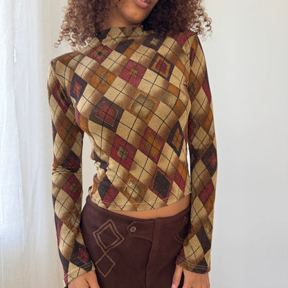 Vintage Euro shimmer argyle mesh-knit fitted long sleeve top (Small)