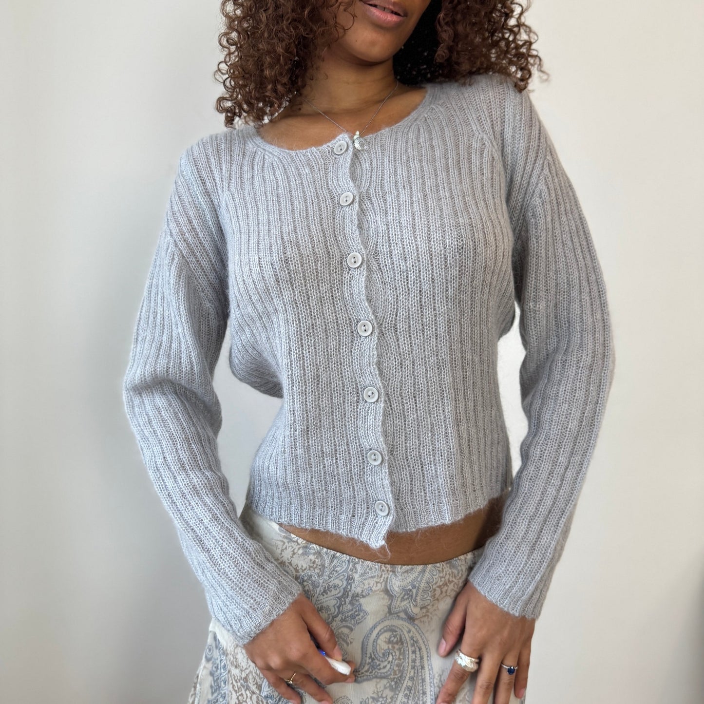 Italian Vintage light grey ribbed mohair-blend knit button-front cardigan (Medium)