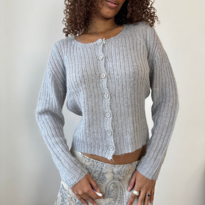 Italian Vintage light grey ribbed mohair-blend knit button-front cardigan (Medium)
