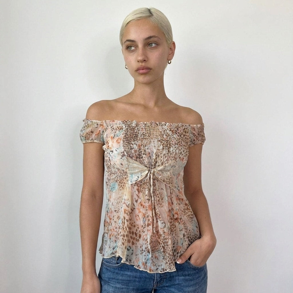 Vintage Fairy Grunge Silk Mesh Top Floral Leopard Italian Y2K (M)