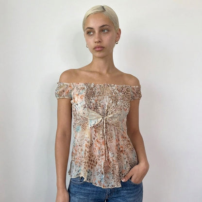 Vintage Fairy Grunge Silk Mesh Top Floral Leopard Italian Y2K (M)