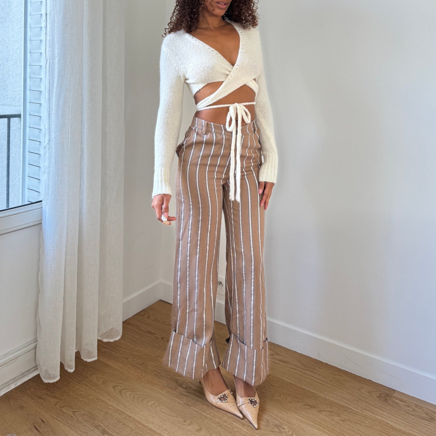 Vintage Italian tan striped high-waisted trousers with shimmer detail (XS)