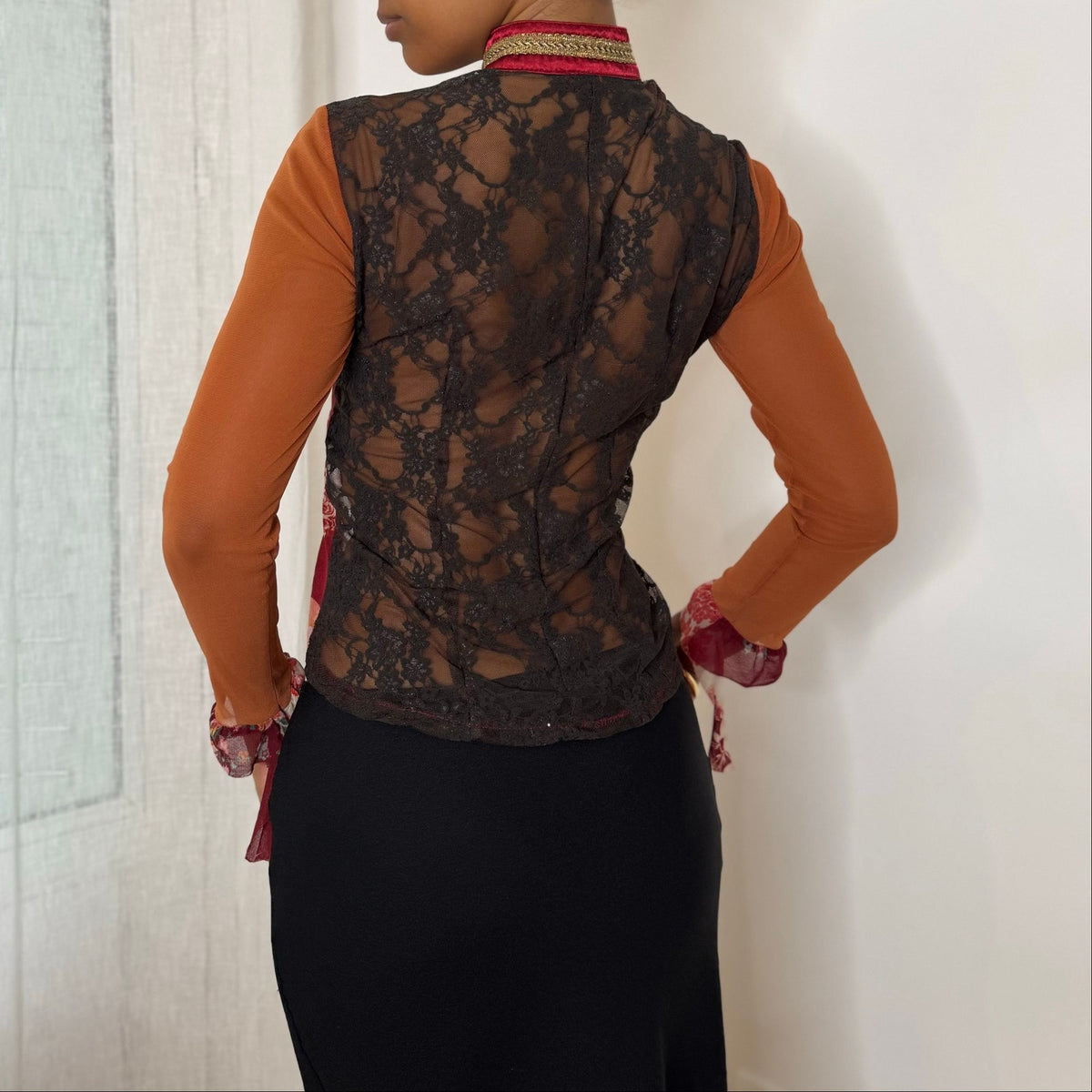 Rare Italian vintage Y2K red orange graphic print semi-sheer mesh top with sequin embellishments, lace back and ruffle trim