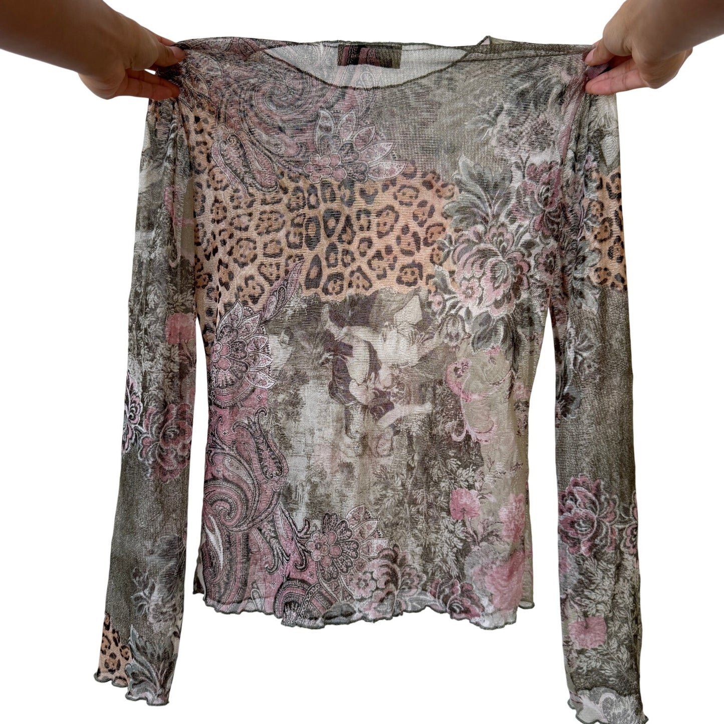 Vintage French mesh long sleeve top with floral, paisley & leopard print S