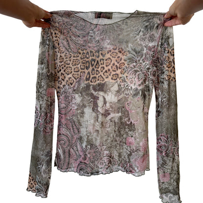 Vintage French mesh long sleeve top with floral, paisley & leopard print S
