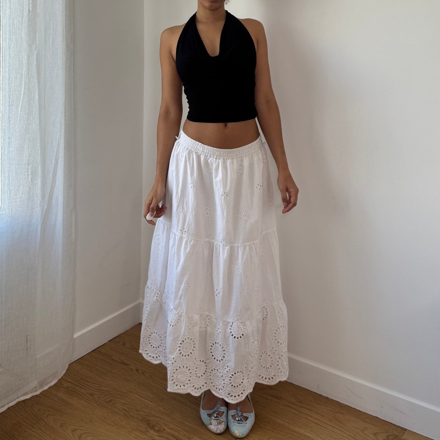 Vintage White Cotton Eyelet Broderie Maxi Skirt Elastic Waist Y2K Italian (S)
