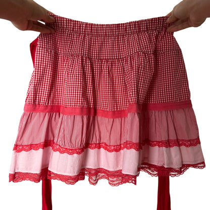Vintage euro 90s red gingham tiered mini skirt with lace trim ribbon tie waist and layered hem (XS/S)