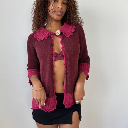Vintage Jacqueline Riu French ruffled trim knit cardigan in berry & rose (Small)