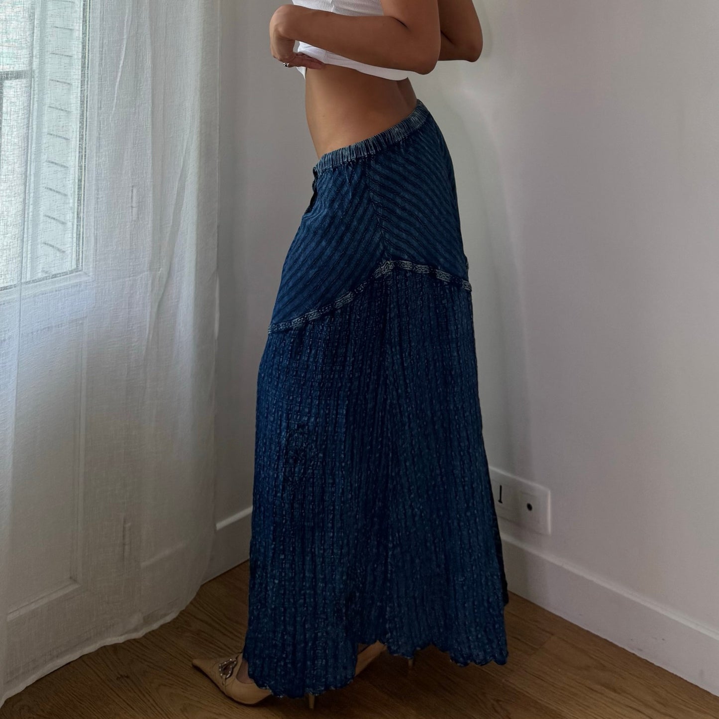 Vintage Blue Maxi Skirt Drawstring Waist Boho Viscose Y2K (S/M)