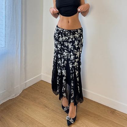 Italian Vintage Black Floral Mesh Midi Skirt Sheer Ruffle Hem (S)