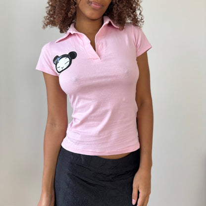 Vintage pink Pucca sequin polo top (S)
