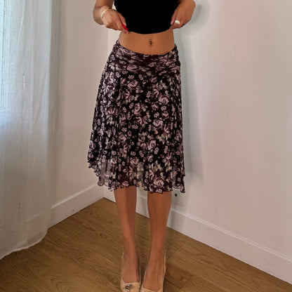 Vintage Kookai Purple Pink Floral Mesh Midi Skirt French Y2K (XS)