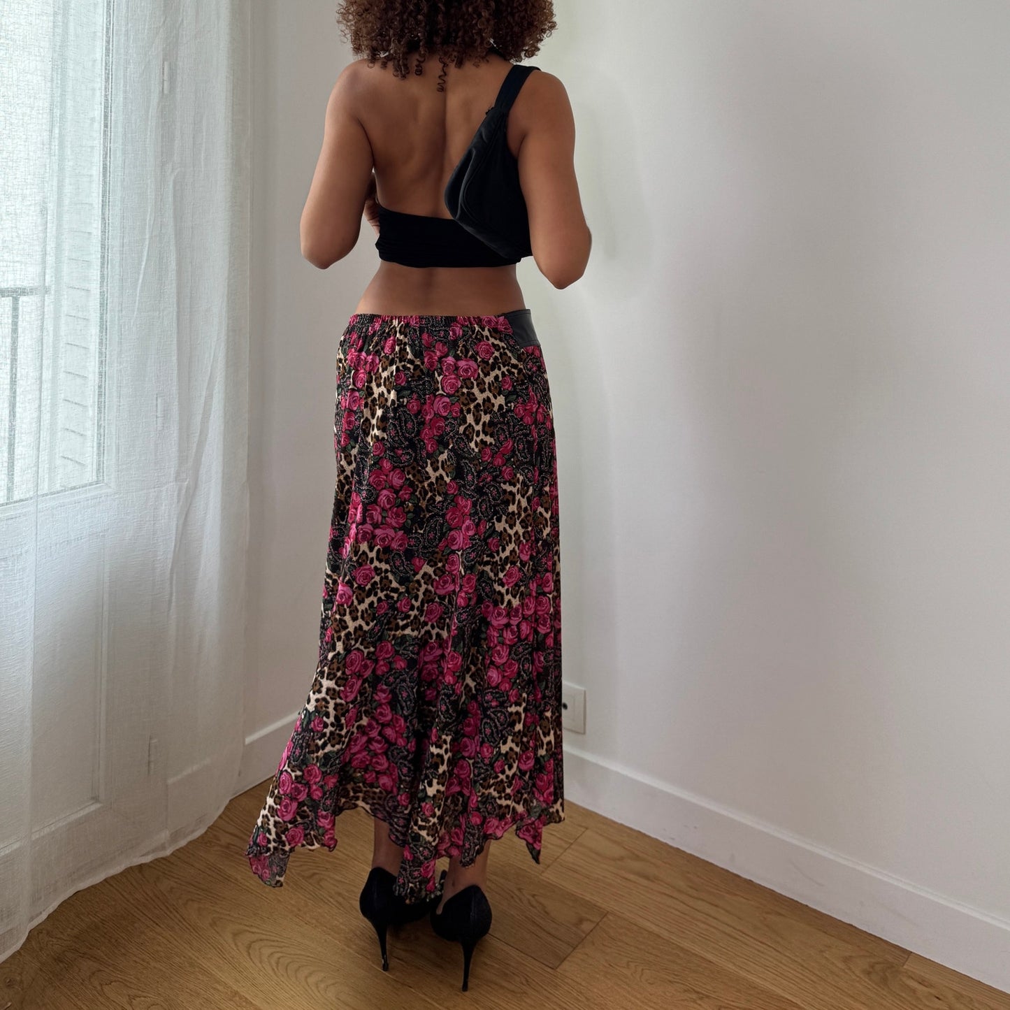 Vintage French Floral Leopard Mesh Midi Skirt Y2K Lace Up Skirt (S) ⠀