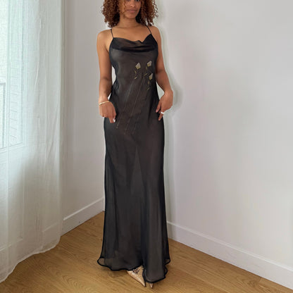 Vintage Grey Black Sheer Mesh Floral Maxi Dress Skirt Italian Y2K (S)
