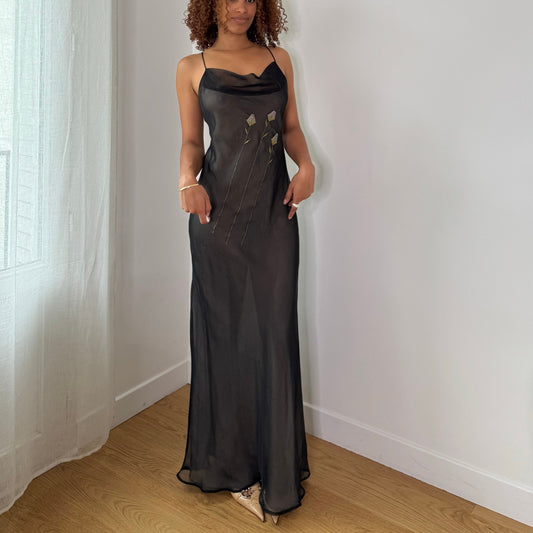 Vintage Grey Black Sheer Mesh Floral Maxi Dress Skirt Italian Y2K (S)