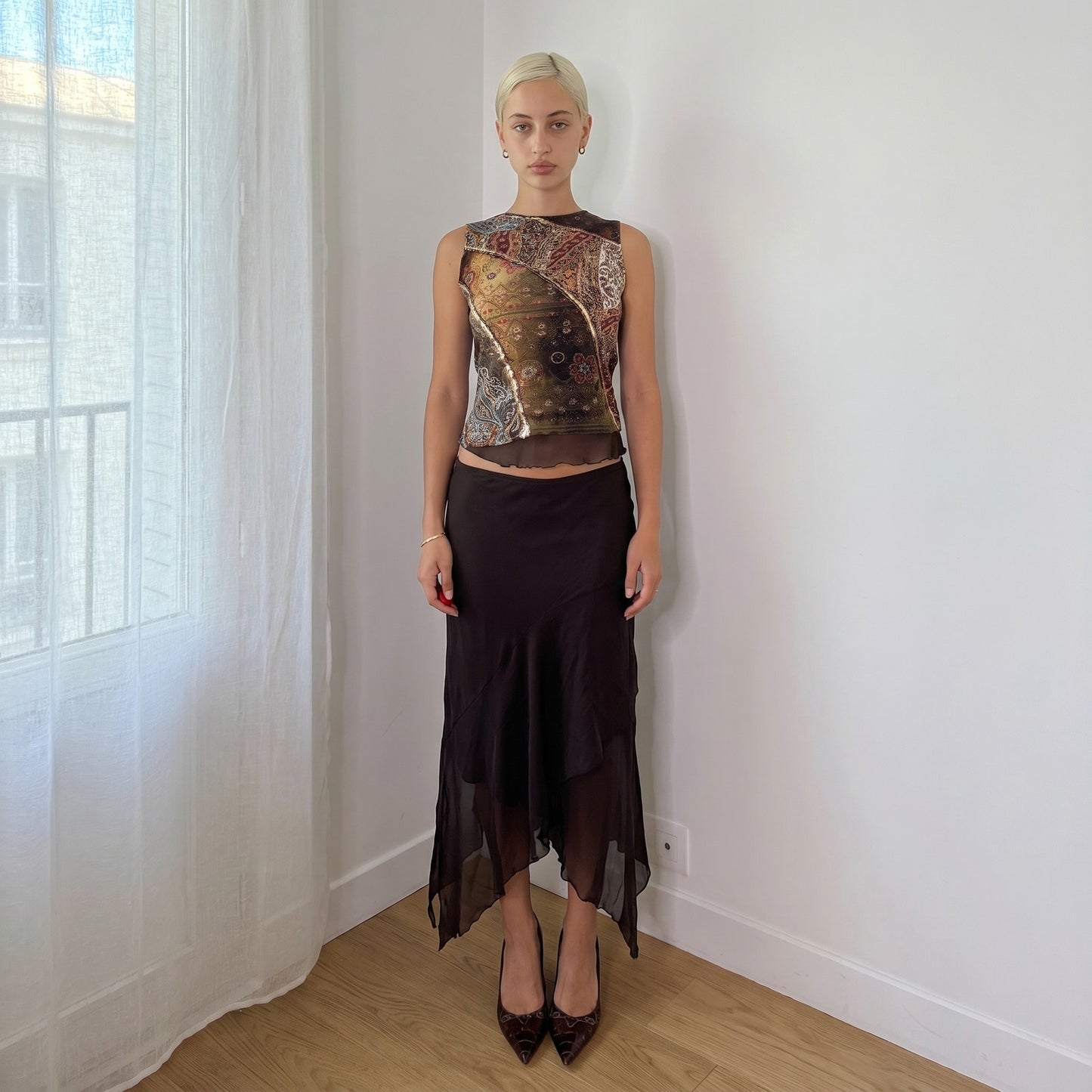 Vintage Brown Green Patchwork Mesh Sequin Top Italian Y2K (S/M)