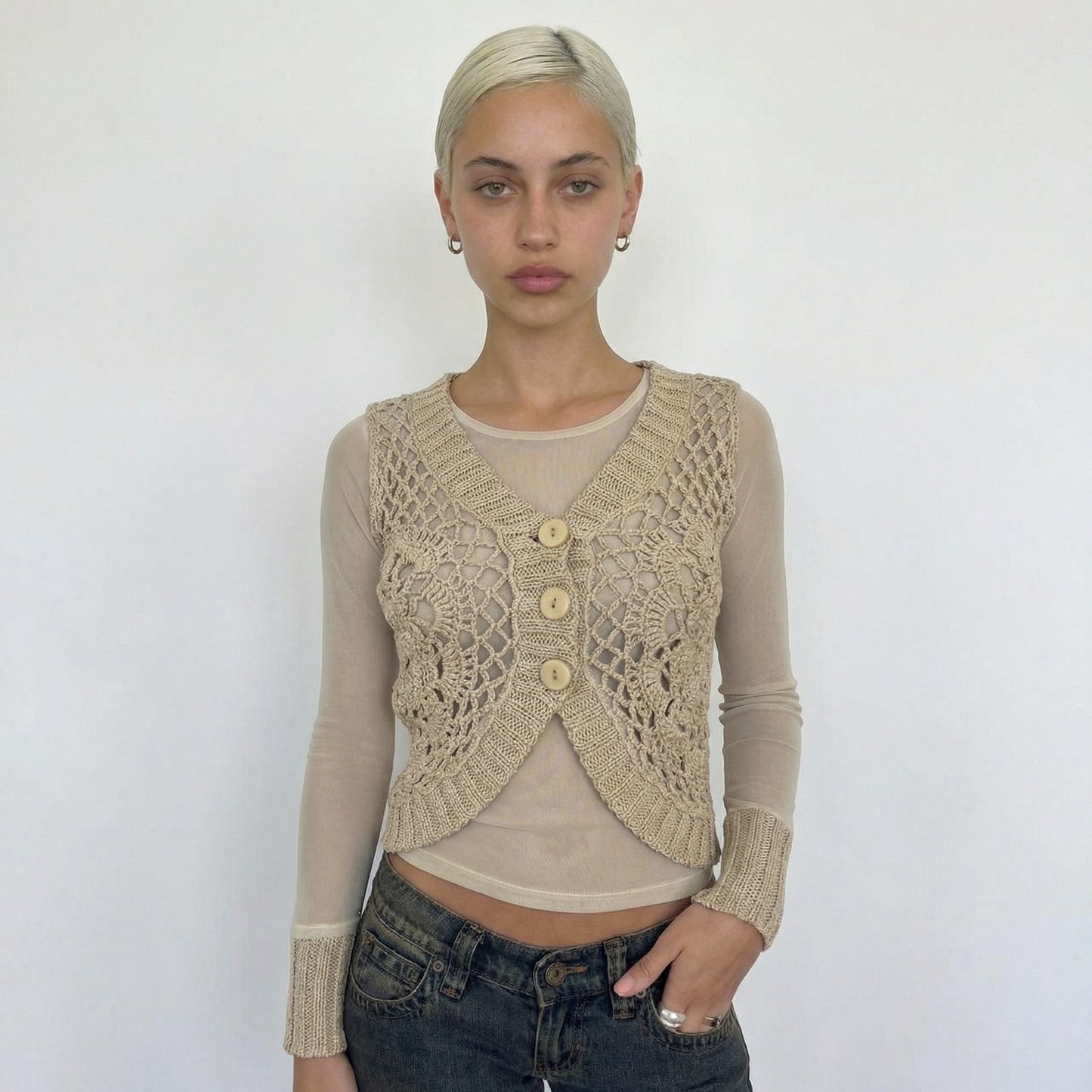 Italian vintage beige crochet knit cardigan with sheer mesh sleeves & ribbed knit cuffs (S)