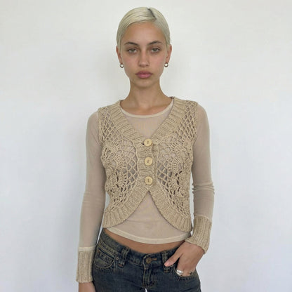 Italian vintage beige crochet knit cardigan with sheer mesh sleeves & ribbed knit cuffs (S)