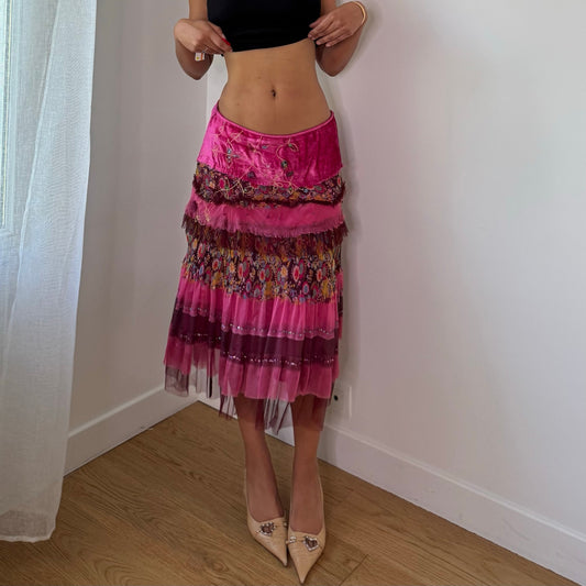 Vintage Extyn Pink Patchwork Mesh Midi Skirt Embroidered Ruffle Italian Y2K (S)