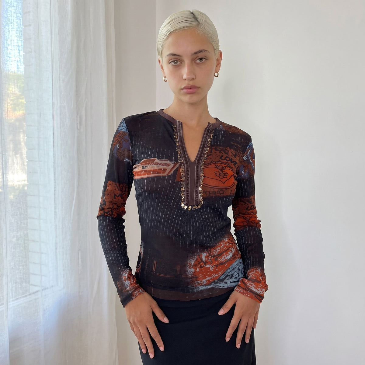 Italian Vintage Graphic Mesh Top